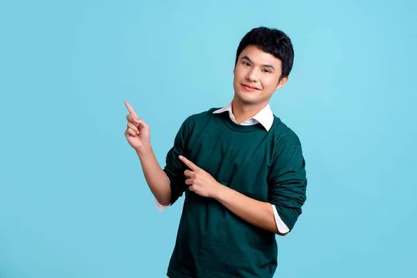 Portrait Smiling Young Handsome Asian Man Green Casual Shirt Pointing — ストック写真