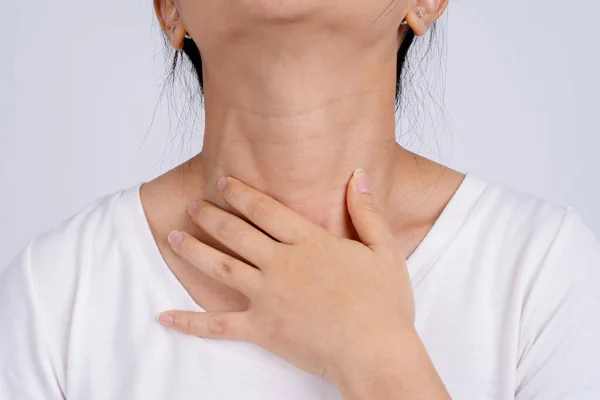 Woman Holding Her Neck She Has Sore Throat White Background — Stock Photo, Image