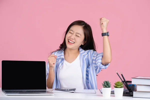 Young Asian Woman Successful Happy Casual Shirt Sit Work Office — Stock fotografie