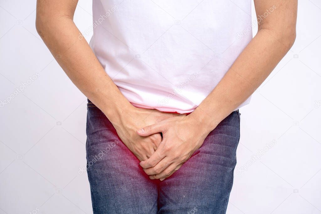 Pain in the prostate, people suffering from prostatitis or from venereal diseases. isolated on a white background