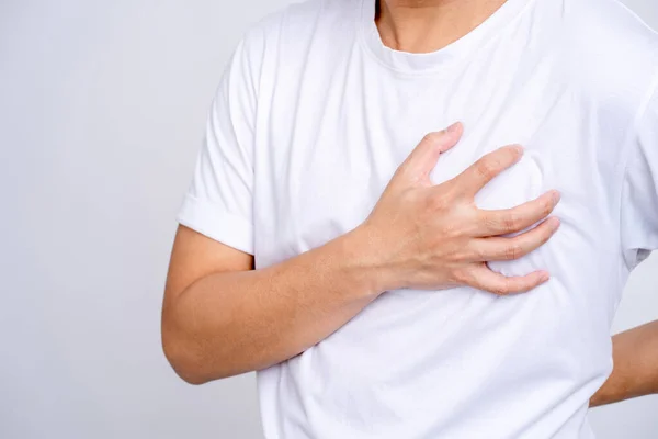 Heart Attack Young Age Man Presses His Hands Chest Facial — Stock Photo, Image