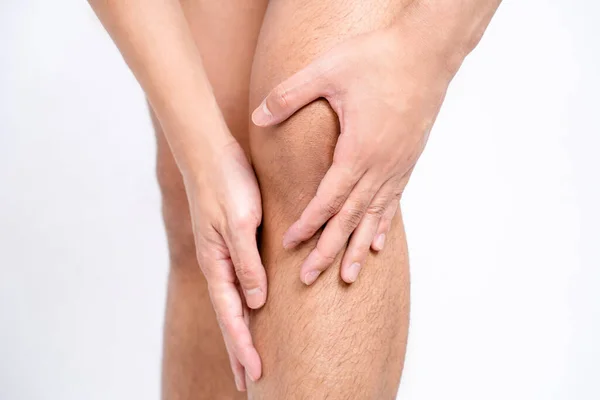 Close Asian Men Knee Leg Pain Using Hands Massage Body — Stock Photo, Image