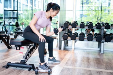 Güzel Asyalı kadınlar güçlü, spor salonundaki ağırlıkları kaldırıyorlar..