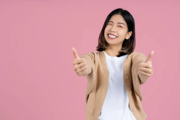 Young Smiling Fun Happy Woman Asian Showing Thumb Gesture Blink — Stock fotografie