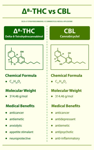 Thc Cbl Delta Tetrahidrocannabinol Cannabiciclol Ilustración Vertical Infográfica Sobre Cannabis — Archivo Imágenes Vectoriales