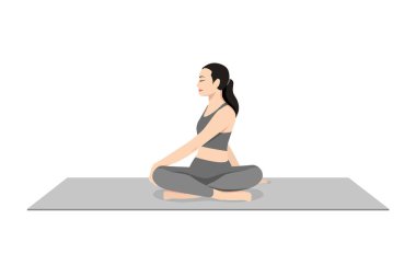 Kolay Oturan Twist Poz, Güzel kız Parivrtta Sukhasana alıştırması. Yoga egzersizi yapan çekici genç bir kadın. Spor giyinmiş, spor giyinmiş, gri pantolonlu, üstsüz, uzun boylu, sakin ve rahat..