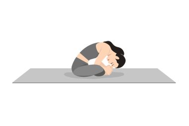 Bağlı Angle Bend Pozu, Güzel kız Baddha Konasana antrenmanı. Yoga egzersizi yapan çekici genç bir kadın. Spor giyinmiş, spor giyinmiş, gri pantolonlu, üstsüz, uzun boylu, sakin ve rahat..