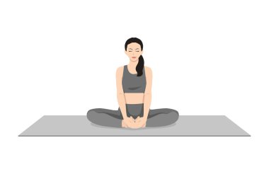 Bağlı Açı Pozu, Kelebek Pozu, Güzel kız Baddha Konasana antrenmanı. Yoga egzersizi yapan çekici genç bir kadın. Spor giyinmiş, spor giyinmiş, gri pantolonlu, üstsüz, uzun boylu, sakin ve rahat..