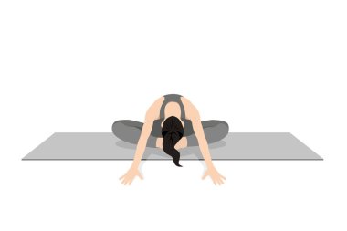 Bound Angle Forward Viraj Pozu, Güzel kız Baddha Konasana Uttanasana antrenmanı. Yoga egzersizi yapan çekici genç bir kadın. Spor kıyafetleri, gri pantolonlar ve bluzlar, sakinlik ve rahatlama..