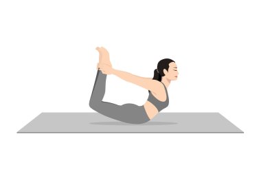Bow Poose, güzel kız Dhanurasana çalışıyor. Yoga egzersizi yapan çekici genç bir kadın. Spor giyinmiş, spor giyinmiş, gri pantolonlu, üstsüz, uzun boylu, sakin ve rahat..