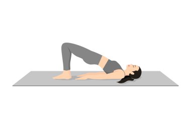 Bridge Poose, güzel kız antrenmanı Setu Bandha Sarvangasana. Yoga egzersizi yapan çekici genç bir kadın. Spor giyinmiş, spor giyinmiş, gri pantolonlu, üstsüz, uzun boylu, sakin ve rahat..