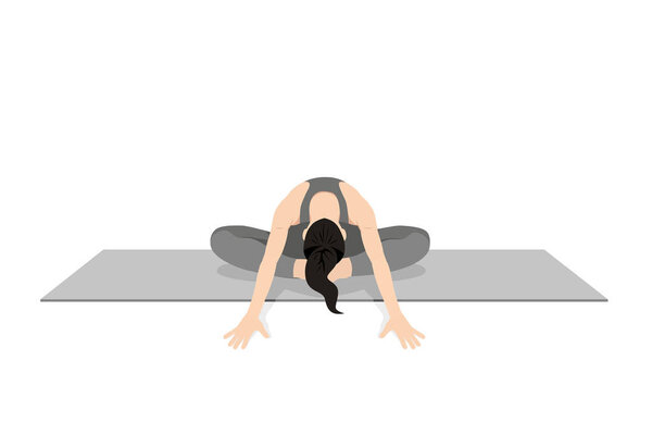 Bound Angle Forward Bend Pose, Beautiful girl practice Baddha Konasana Uttanasana. Young attractive woman practicing yoga exercise. working out, black wearing sportswear, grey pants and top, calmness and relax.