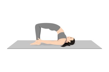 Bridge Poose Variation Ankles, Setubandha Sarvangasana Değişim Bilekleri 'nde güzel bir kız. Yoga egzersizi yapan çekici genç bir kadın. Spor giyinmiş, spor giyinmiş, gri pantolonlu, üstsüz, uzun boylu, sakin ve rahat..