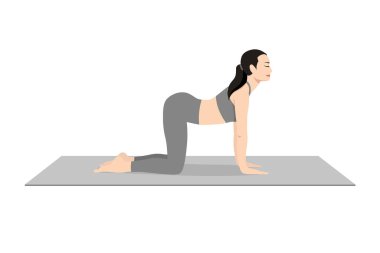 İnek Pozu, güzel kız Bitilasana çalışıyor. Yoga egzersizi yapan çekici genç bir kadın. Spor giyinmiş, spor giyinmiş, gri pantolonlu, üstsüz, uzun boylu, sakin ve rahat..
