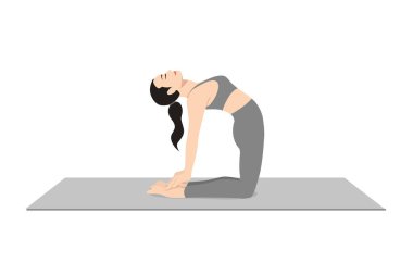 Deve Pozu, güzel kız Ustrasana antrenmanı. Yoga egzersizi yapan çekici genç bir kadın. Spor giyinmiş, spor giyinmiş, gri pantolonlu, üstsüz, uzun boylu, sakin ve rahat..