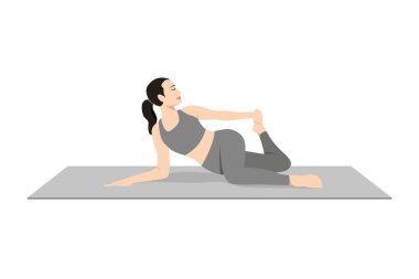 Kedi Kuyruğu Çekme Pozu, Güzel kız Kedi Kuyruğu Çekme Pozu alıştırması. Yoga egzersizi yapan çekici genç bir kadın. Spor giyinmiş, spor giyinmiş, gri pantolonlu, üstsüz, uzun boylu, sakin ve rahat..