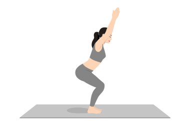 Sandalye Pozu, Vahşi Poz, Güzel kız Utkatasana antrenmanı. Yoga egzersizi yapan çekici genç bir kadın. Spor giyinmiş, spor giyinmiş, gri pantolonlu, üstsüz, uzun boylu, sakin ve rahat..