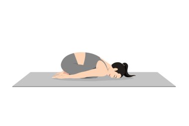 Çocuk pozisyonu, güzel kız Balasana antrenmanı. Yoga egzersizi yapan çekici genç bir kadın. Spor giyinmiş, spor giyinmiş, gri pantolonlu, üstsüz, uzun boylu, sakin ve rahat..