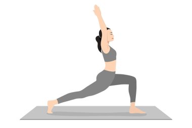Crescent Pose, Crescent High Lunge Poose, Eight Point Crescent Moon Poose, Alanasan Beautiful girl practice Ashta Chandrasana, yoga egzersizi yapan çekici genç bayan. Spor giyinmiş, spor giyinmiş, gri pantolonlu, üstsüz, uzun pantolonlu.
