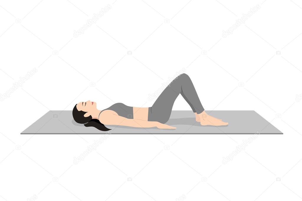 Constructive Rest Pose, Corpse Pose Variation Bent Legs, Beautiful girl practice Savasana Variation Bent Legs. Young attractive woman practicing yoga exercise. working out, black wearing sportswear, grey pants and top, indoor full length, calmness an