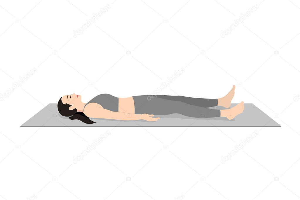 Corpse Pose, Prasarita Balasana, Beautiful girl practice Savasana. Young attractive woman practicing yoga exercise. working out, black wearing sportswear, grey pants and top, indoor full length, calmness and relax.