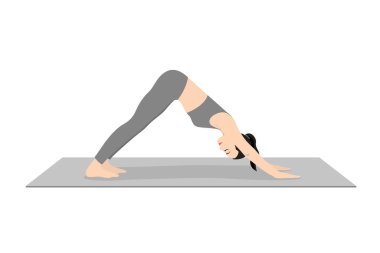 Aşağı bakan köpek pozu, aşağı köpek pozu, güzel kız Adho mukha svanasana, yoga egzersizi yapan genç çekici kadın. Spor giyinmiş, spor giyinmiş, gri pantolonlu, üstsüz, uzun boylu, sakin ve rahat..