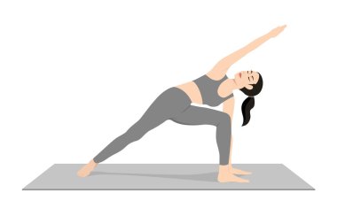 Genişletilmiş kenar açılı poz, güzel kız Utthita Parsvakonasana çalışıyor. Yoga egzersizi yapan çekici genç bir kadın. Spor giyinmiş, spor giyinmiş, gri pantolonlu, üstsüz, uzun boylu, sakin ve rahat..