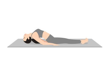 Fish Poose, güzel kız Matsyasana antrenmanı yapıyor. Yoga egzersizi yapan çekici genç bir kadın. Spor giyinmiş, spor giyinmiş, gri pantolonlu, üstsüz, uzun boylu, sakin ve rahat..