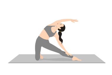 Pose Toes Stretched, güzel kız Parighasana Toes Gergin, genç çekici kadın yoga egzersizi yapıyor. Spor giyinmiş, spor giyinmiş, gri pantolonlu, üstsüz, uzun boylu, sakin ve rahat..