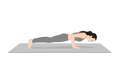 Dört Uzuvlu Personel Pozu, Dört Kollu Çubuk Poz, Güzel kız Caturanga Dandasana çalışması. Yoga egzersizi yapan çekici genç bir kadın. Spor giyinmiş, spor giyinmiş, gri pantolonlu, üstsüz, uzun boylu, sakin ve rahat..
