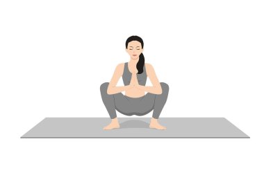 Garland Poose, Wide Squat Poose, Oturan Poz Güzel Kız Malasana, Upavesasana. Yoga egzersizi yapan çekici genç bir kadın. Spor giyinmiş, spor giyinmiş, gri pantolonlu, üstsüz, uzun boylu, sakin ve rahat..