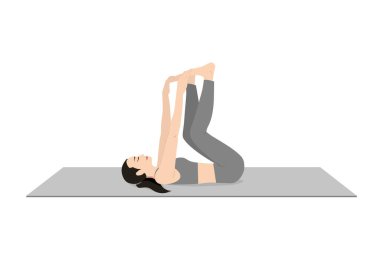 Mutlu Bebek Pozu, Ölü Böcek Pozu, Güzel Kız Ananda Balasana alıştırması. Yoga egzersizi yapan çekici genç bir kadın. Spor giyinmiş, spor giyinmiş, gri pantolonlu, üstsüz, uzun boylu, sakin ve rahat..