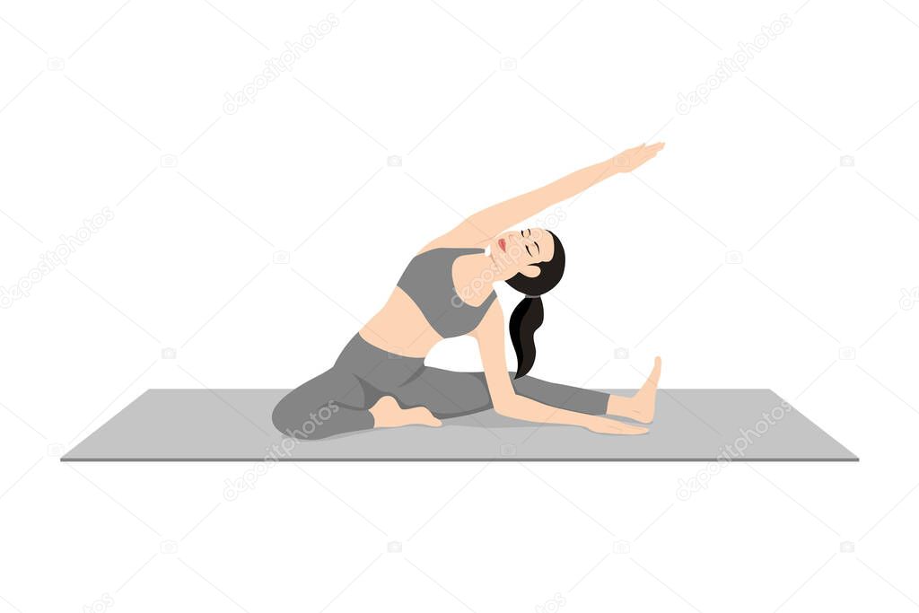 Revolved Head to Knee Prep Beautiful girl practice Parivrtta Janu Sirsasana Prep. Young attractive woman practicing yoga exercise. working out, black wearing sportswear, grey pants and top, indoor full length, calmness and relax.