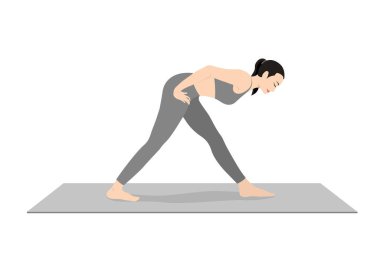 Kalçaya Yoğun Yan Germe Poz Elleri. Güzel kız Parsvottanasana Kalçalarda Eller alıştırması yapıyor. Yoga egzersizi yapan çekici genç bir kadın. Spor giyinmiş, spor giyinmiş, gri pantolonlu, üstsüz, uzun boylu, sakin ve rahat..