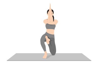 At Yüzlü Poz. Güzel kız Vatayanasana antrenmanı yapıyor. Yoga egzersizi yapan çekici genç bir kadın. Spor giyinmiş, spor giyinmiş, gri pantolonlu, üstsüz, uzun boylu, sakin ve rahat..