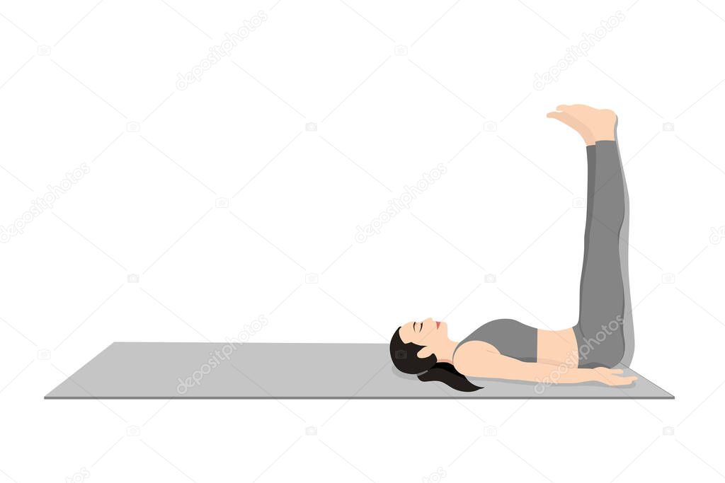 Legs up the Wall Pose, Inverted Pose. Beautiful girl practice Viparita Karani. Young attractive woman practicing yoga exercise. working out, black wearing sportswear, grey pants and top, indoor full length, calmness and relax.