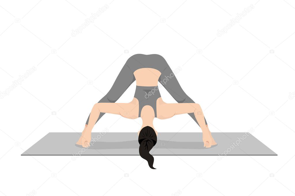 Intense Leg Stretch Pose D, Wide Legged Forward Fold Pose D, Standing Straddle Forward Bend D, Wide Angle Forward Fold D. Beautiful girl practice Prasarita Padottanasana D. Young attractive woman practicing yoga exercise. working out, black wearing s