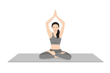 Uğurlu Poz 'da oturan Dağ Pozu. Swastikasana 'da Parvatasana antrenmanı yapan güzel bir kız. Yoga egzersizi yapan çekici genç bir kadın. Spor giyinmiş, spor giyinmiş, gri pantolonlu, üstsüz, uzun boylu, sakin ve rahat..