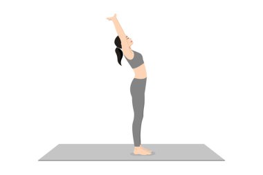 Genişletilmiş Dağ Duruşu Ters Bükülme Elleri. Güzel kız Utthita Tadasana Backbend Baddhanguliyasana çalışıyor. Yoga egzersizi yapan çekici genç bir kadın. Spor giyinmiş, spor giyinmiş, gri pantolonlu, üstsüz, kapalı alanda tam boy, ca