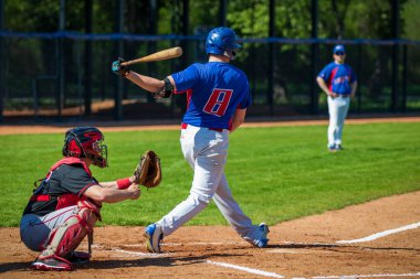 ZAGREB, CROATIA - APRIL 20, 2019: Baseball match Baseball Club Zagreb and Baseball Club Vindija. Baseball batter