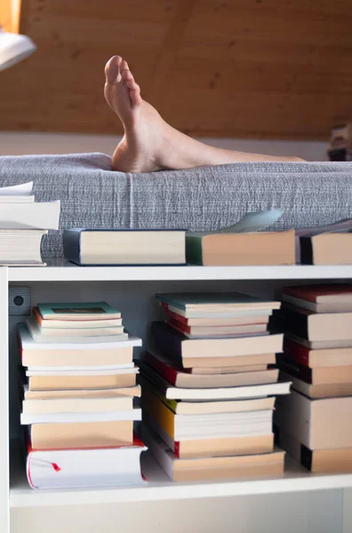 Woman Relaxing Couch Books Shelf Home — Foto Stock