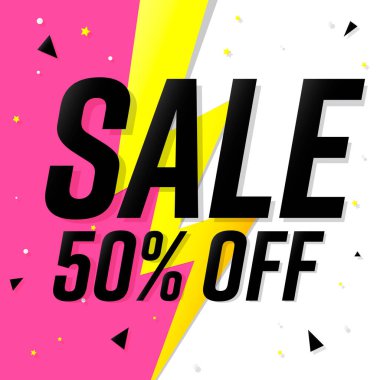 Ani satış% 50 indirimli, indirimli poster tasarımı şablonu. Mağaza veya çevrimiçi mağaza için tanıtım pankartı, vektör illüstrasyonu.
