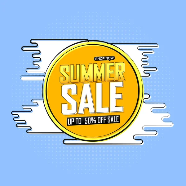 Yaz indirimi% 50 'ye varan indirimler, poster tasarımı şablonu, harcamak ve biriktirmek, özel teklif, sezon sonu, vektör ilüstrasyonu