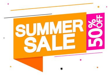Yaz indirimi% 50 'ye varan indirim, poster tasarımı şablonu, en iyi sezon teklifi. Çevrimiçi dükkan için indirimli pankart, vektör illüstrasyonu.