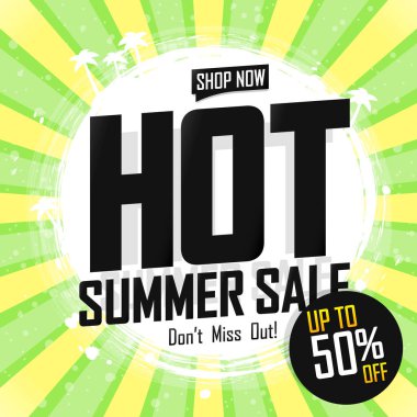 Sıcak yaz indirimi, poster tasarımı şablonu, sezonun en iyi teklifi. Çevrimiçi dükkan için indirimli pankart, vektör illüstrasyonu.