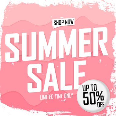 Yaz indirimi% 50 'ye varan indirim, poster tasarımı şablonu, en iyi sezon teklifi. Çevrimiçi dükkan için indirimli pankart, vektör illüstrasyonu.