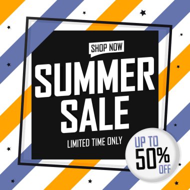 Yaz indirimi% 50 'ye varan indirim, poster tasarımı şablonu, en iyi sezon teklifi. Çevrimiçi dükkan için indirimli pankart, vektör illüstrasyonu.
