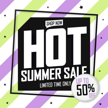 Sıcak yaz indirimi, poster tasarımı şablonu, sezonun en iyi teklifi. Çevrimiçi dükkan için indirimli pankart, vektör illüstrasyonu.