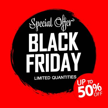 Black Friday Sale, discount poster design template. Deal up to 50% off. Promotion banner for shop or online store, vector illustration.
