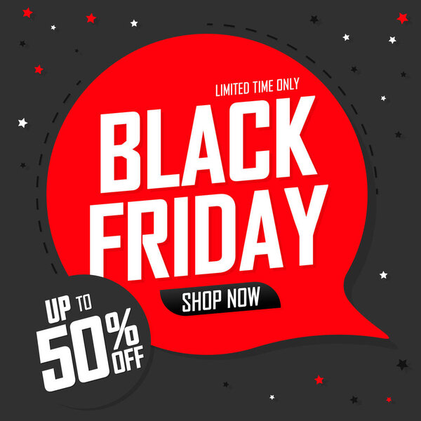 Black Friday Sale, discount poster design template. Deal up to 50% off. Promotion banner for shop or online store, vector illustration.